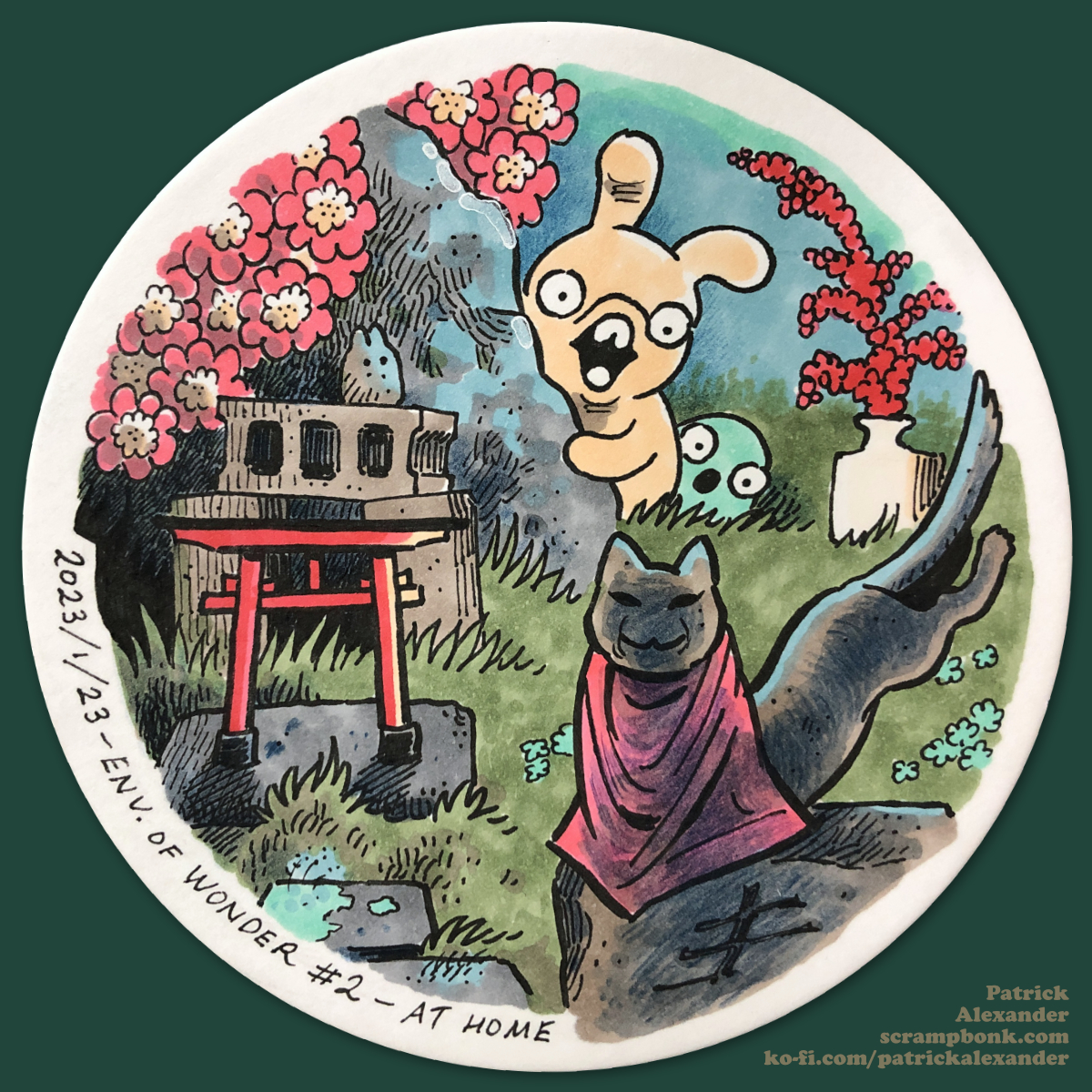 Coaster drawing of Tobias and Jube discovering a fox guardian statue at an Inari shrine