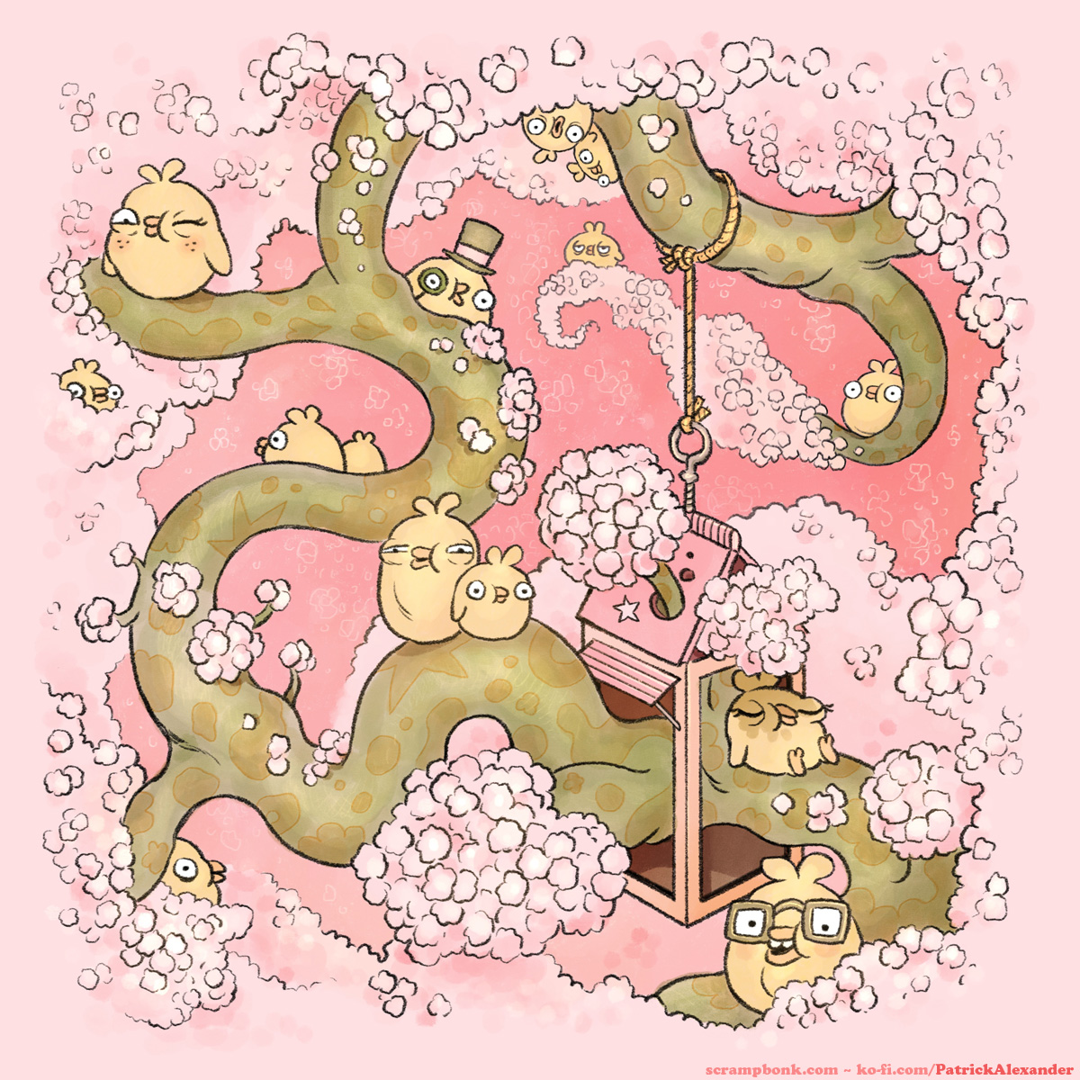 A bunch of bouncy-looking yellow birds roosting on a winding branch, in the midst of fluffy pink blossoms
